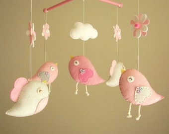 Baby crib mobile, Bird mobile, felt mobile, nursery mobile, baby mobile,"Bird - baby pink"