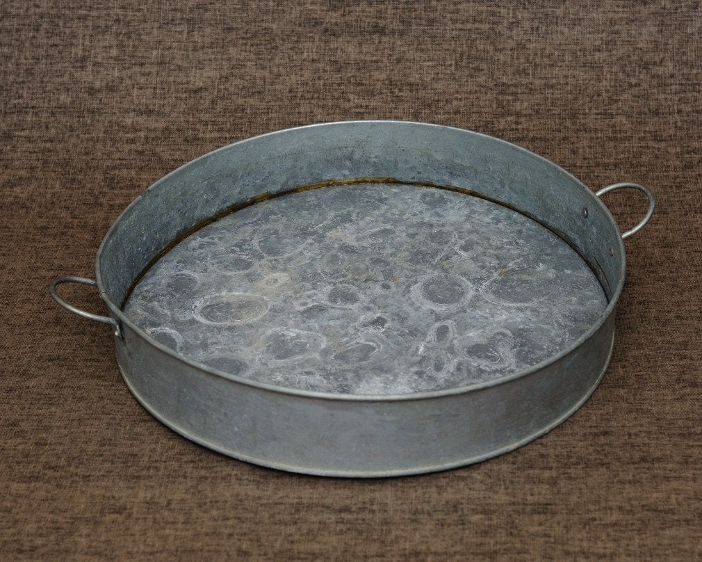 Vintage Galvanized Metal Tin Round Serving Tray