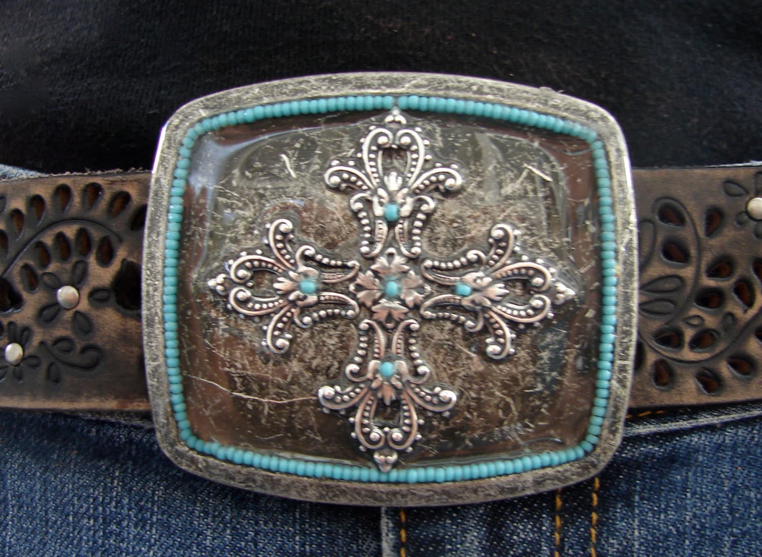 Maltese Cross Antique Silver Belt Buckle Turquoise Beaded