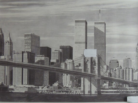 Art Print of Manhattan Skyline with Twin Towers Pencil Drawing