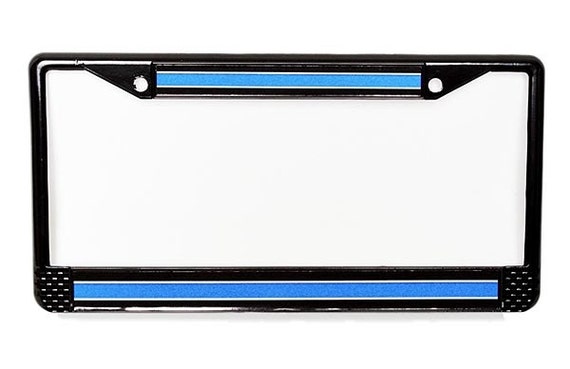 Black Metal License Plate Frame Thin Blue Line Reflective