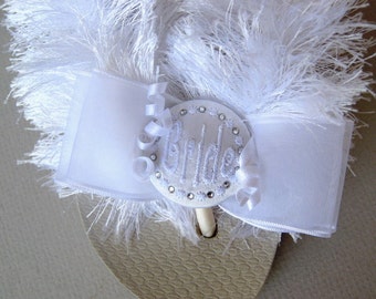 Bridal White Fuzzy Flip Flops, Swarovski Crystal Buttons, Bridal Flip