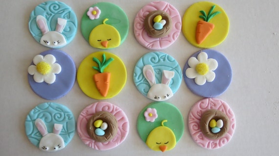 12 Fondant Easter Cupcake toppers EDIBLE