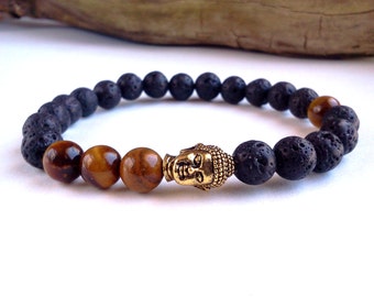 ON SALE!!! Mens Buddha bracelet, Lava Stone bracelet, Tigers Eye bracelet, Antique Gold Buddha bracelet, Mens bracelet, Energy bracelet