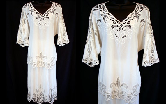 Vintage Embroidered Lace Open Cutwork White Midi by DazzleMyDay