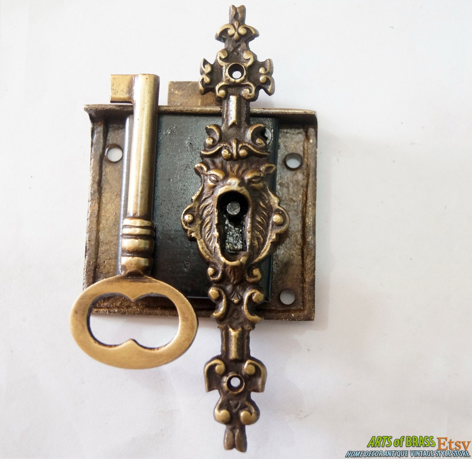Set Vintage Key Lock and SKELETON Key with LION MOUTH Antique