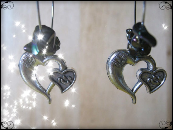 Handmade Silver Earrings with Rainbow Obsidian & Hearts by IreneDesign2011