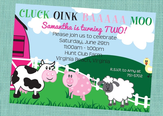 Girl Farm Birthday Party Invitation Cow Pig Sheep Chicken