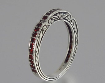 CARYATID wedding band in sterling silver with Garnet half-eternity band