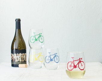 BICYCLE WINE GLASSES screen printed bike stemless wine glasses red yellow blue green