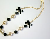 Beaded Bib Necklace, Bows, Black Onyx, Glass Pearls, Gold Fill Chain