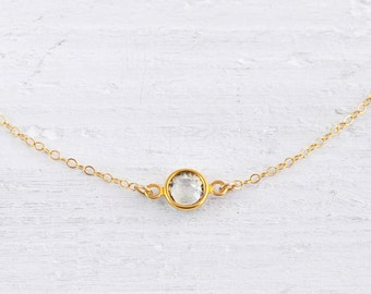 Solo clear necklace - small round crystal gem gold filled - simple everyday jewelry - edor
