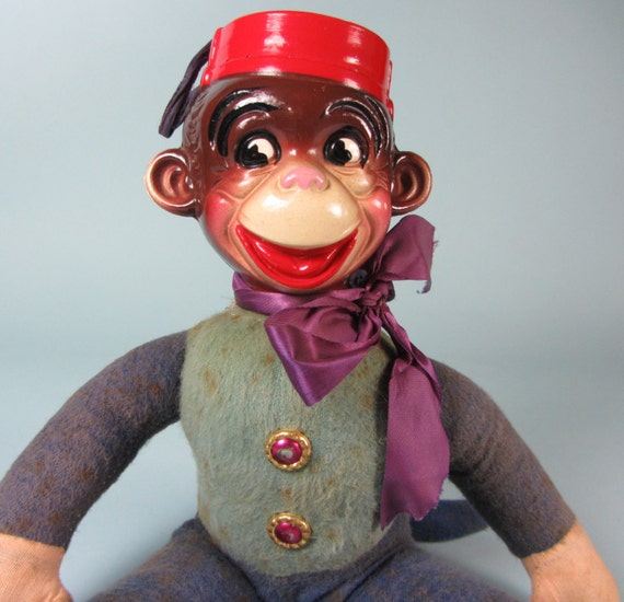 Vintage Monkey Stuffed Animal Toy Bellhop Celluloid Head