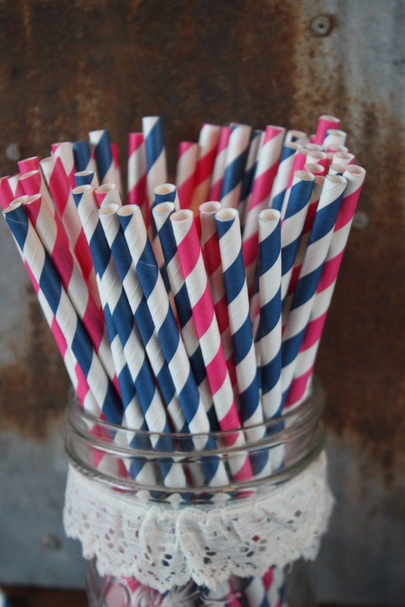 Navy and Hot Pink Paper Straws -- Set of 20  -- stripes and dots