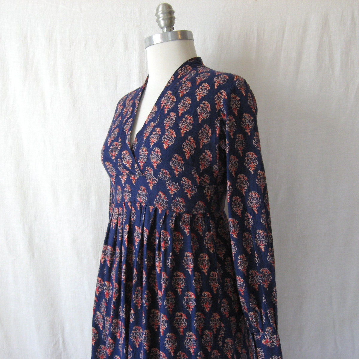 Vintage Indian Dress Bohemian Floral Block Print Maxi 60s 70s