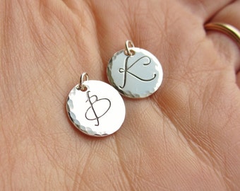 Custom initial charm, hammered sterling silver pendant, silver initial, personalized letter charm, large fancy font