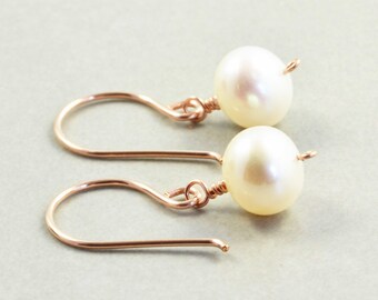 White Pearl Earrings, Rose Gold, June Birthstone, Pearl Drop Earrings