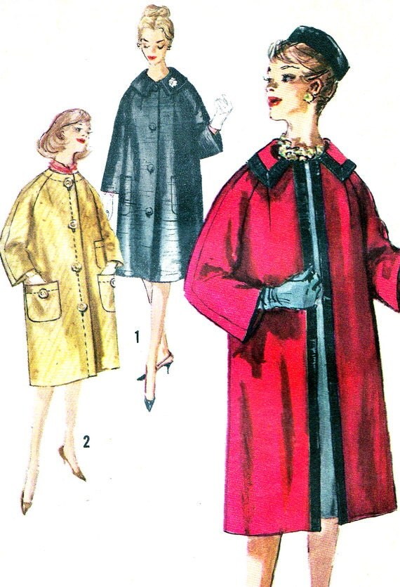 1960s Womens Coat Pattern Simplicity 3620 Long Raglan Sleeve
