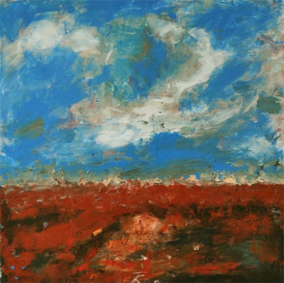 Acrylic Mixed Media Abstract Landscape Painting 12x12 Blue sky White clouds Red Soil Original Wrapped Canvas