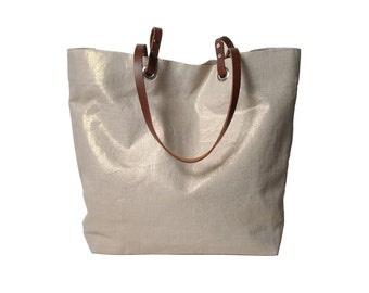 Handbag, Beach Bag, Metallic Gold Linen Tote Bag, Vacation Bag, Resort Tote