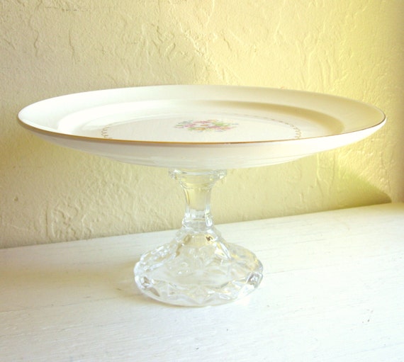Elegant Cake Plate Dessert Pedestal Dish Cream and White Gold Trim Flowers