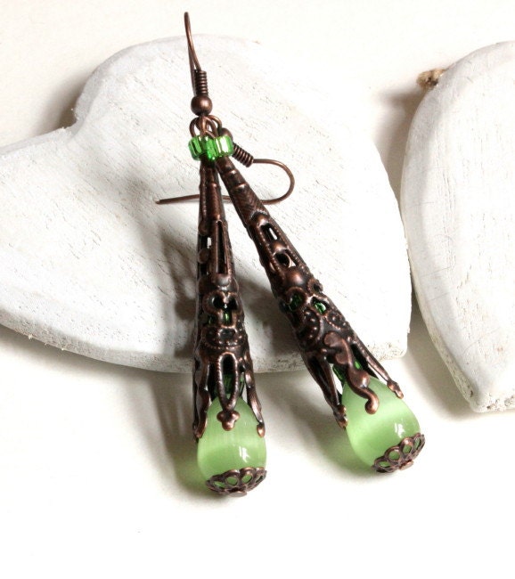 Green Earrings Long copper filigree cone Clip-On Earrings or HOOKS Steampunk earrings screw back clips long lightweight earrings E308