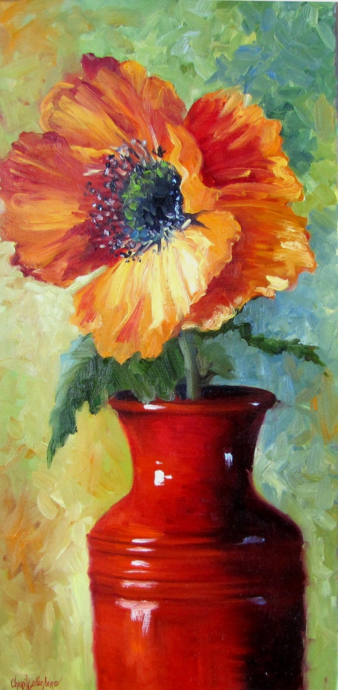 Red Poppy Flower in Bright Red Vase Original Oil Painting