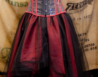 Gothic Prom dress with tulle skirt Red Black Burlesque Corset Costume Steampunk