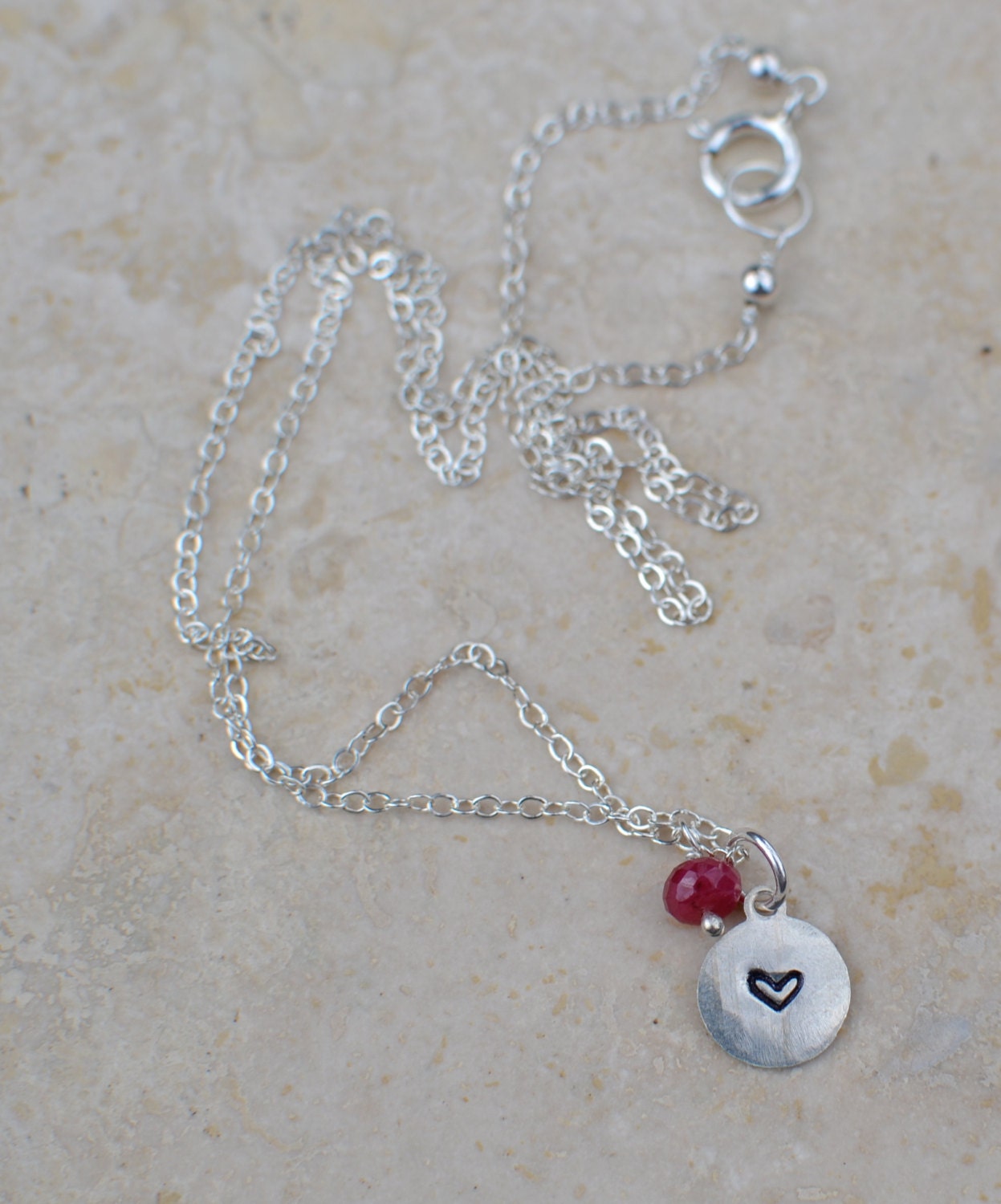 Dainty Heart Stamped Charm Necklace with Ruby Rondelle