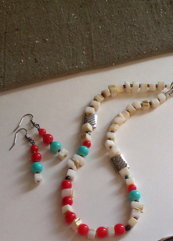 Mother of Pearl, Creamy White Bead Chips, Red Turquoise Glass Round Beads, Choker, Necklace with Earrings, Affordable Jewelry