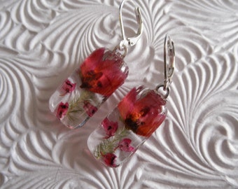 Ombre Pink Boronia,Pink Heather Pressed Flower Glass Rectangle Earrings-Spring Tulips-Nature's Art-Symbolizes Admiration-Gifts Under 25