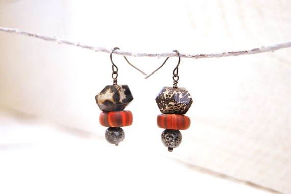 Stone Modern Art Jewelry Earrings- Natural Artistic Stone, Gray Ceramic, Orange Polymer Clay Gypsy Trade Beads and Gunmetal