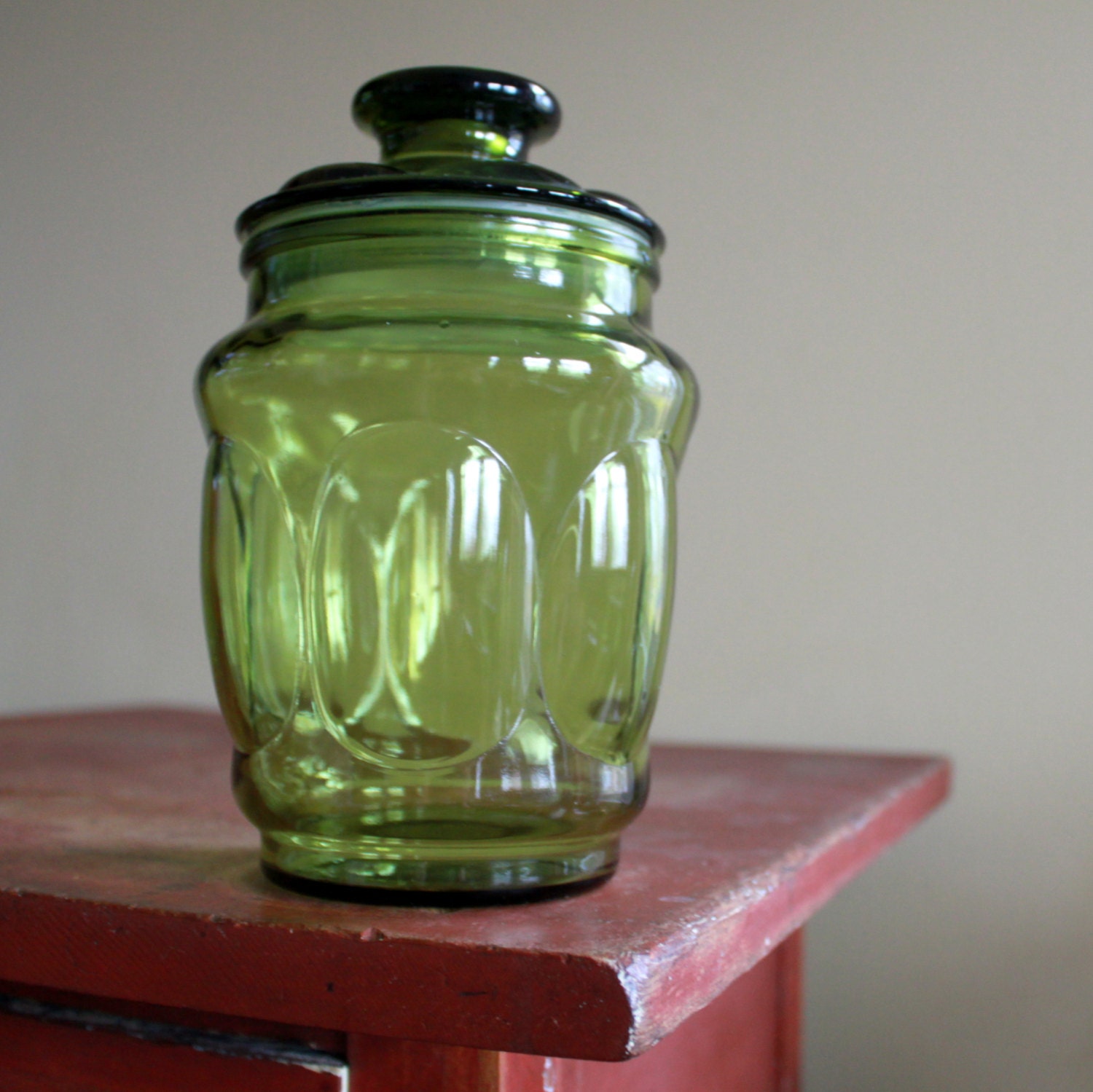 Vintage Green Glass Jar with Lid Retro Cookie Jar