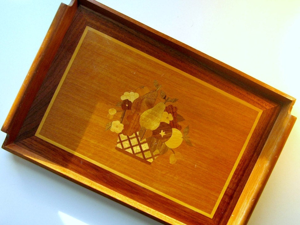 Wooden Inlay Tray Vintage Wood Serving Tray Vintage Fruit