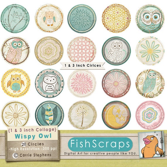 Owls 1 inch Collage Sheet + 3 inch Circle, Printable Circles, Printable Image Download, Cupcake Toppers, Cachobons, Bottle Cap Il_570xn