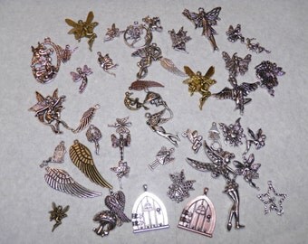 Fairy Charms, Huge 45pc Fairy Charm Lot, Fairy Jewelry, Tinkerbell Wings, Fairy Wish Door, Silver Copper Bronze Charms for Earrings Bracelet