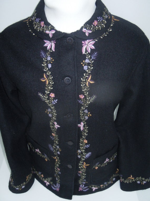 SALE - Wool Embroidered Ladies Black Jacket With Round Collar