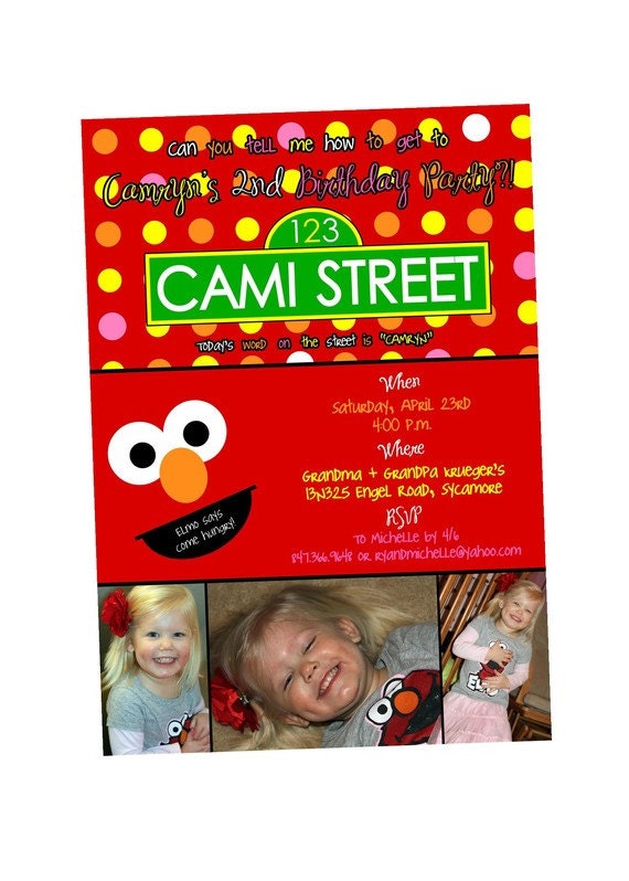 Sesame Street Elmo Inspired Birthday Party Photo Invitation for your Birthday Girl - Digital File - As seen on Hostess with the Mostess Il_570xn
