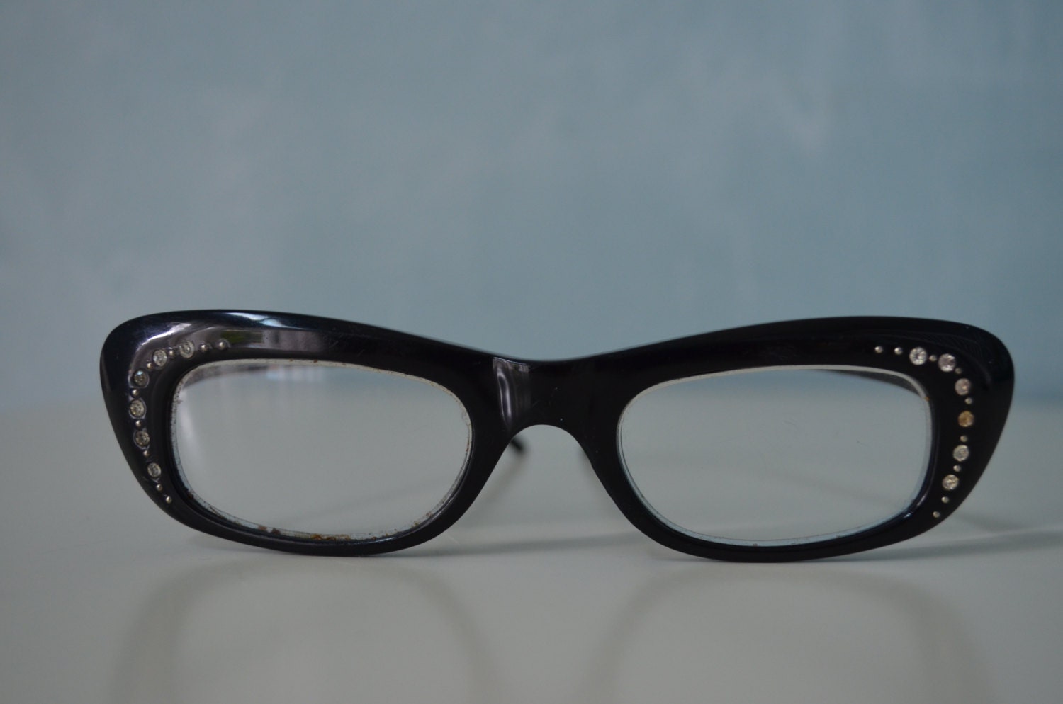 1950s Black CAT EYE Reading Glasses Clear Lens w/Rhinestones