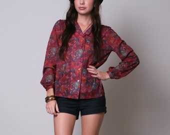 Medium / Large - 70s Blouse - Red Floral Blouse - Long Sleeved Maroon Shirt