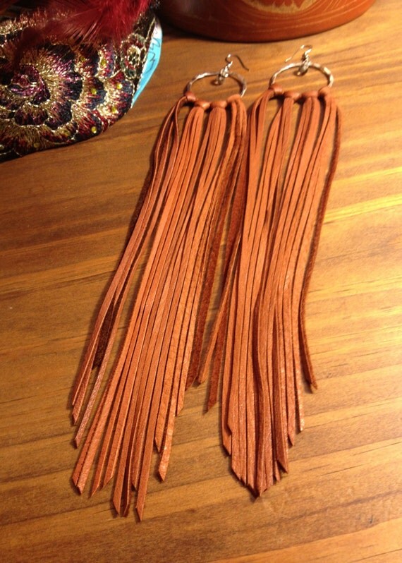 Items similar to Long Leather Fringe Hoop Earrings on Etsy
