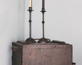Matching Set of 2 Hand Forged Iron Candlestick Holders With Heavy Bases by VinTin (Item # C-401)