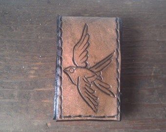 Leather Money Clip Magnetic Hand Tooled Hand Stitched Nautical Swallow Brown