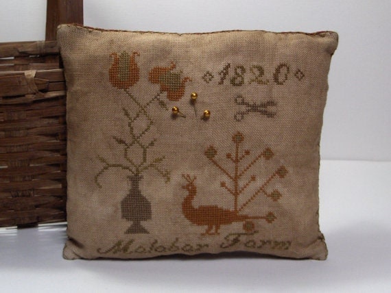 Primitive Cross Stitch Malabar Farm Pinkeep sampler pillow