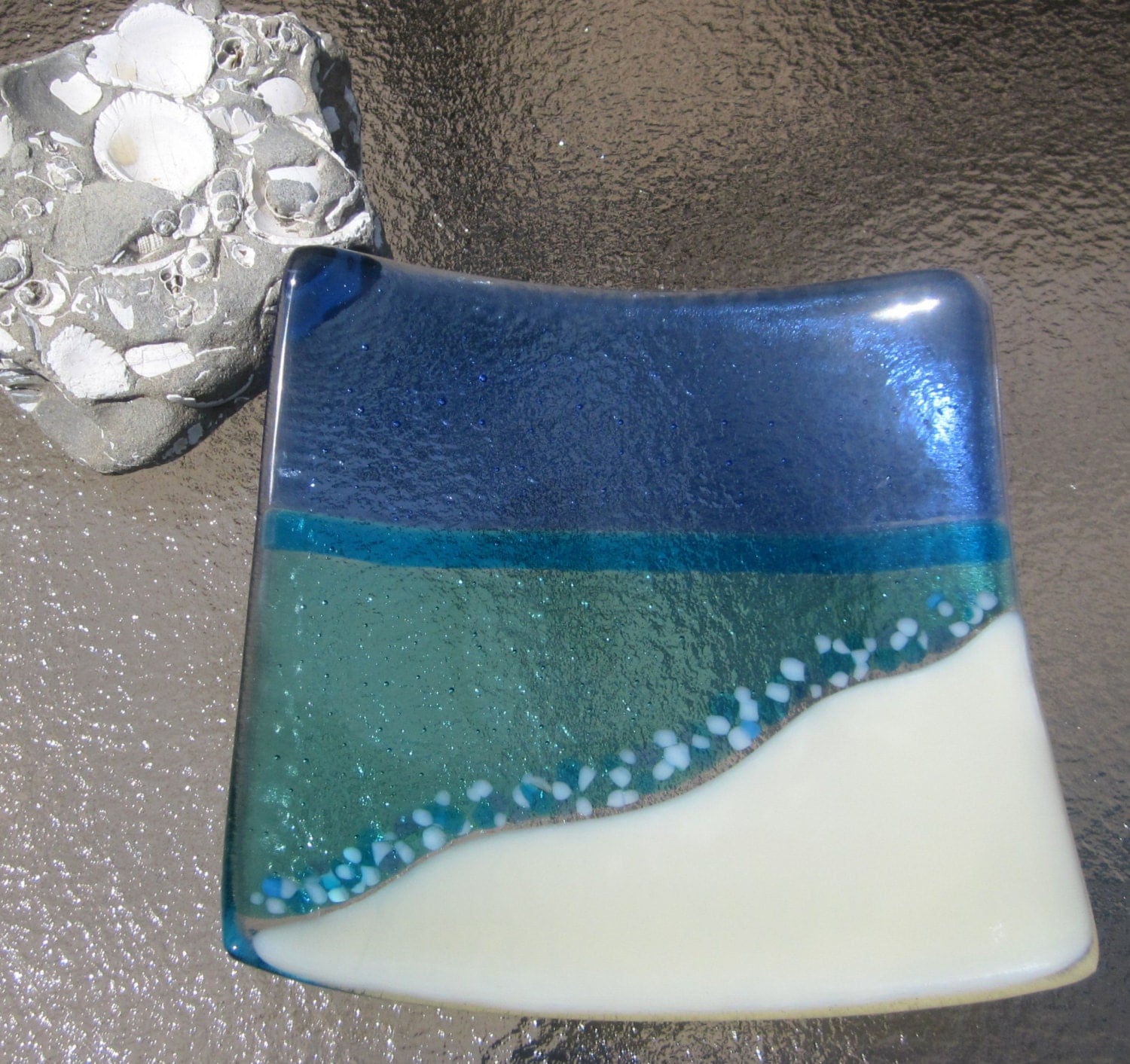 Fused Glass Plate Ocean Beach Aquamarine Blue by Shakufdesign