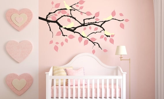Tree Branch Vinyl Decal Sticker Wall Art Birds and Falling Leaves