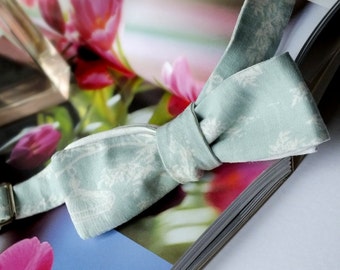 Ladies Bow Tie - for her, skinny style / self tie / freestyle - white linen on reverse.