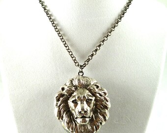 Lion Head Inlaid in Oxidized Silver Large Pill Box Locket Leo Necklace ...