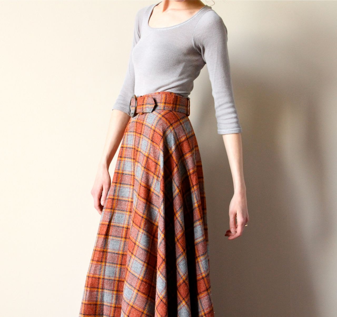 60s Plaid Wool Maxi Skirt Boho Hippie Tartan Long A Line 