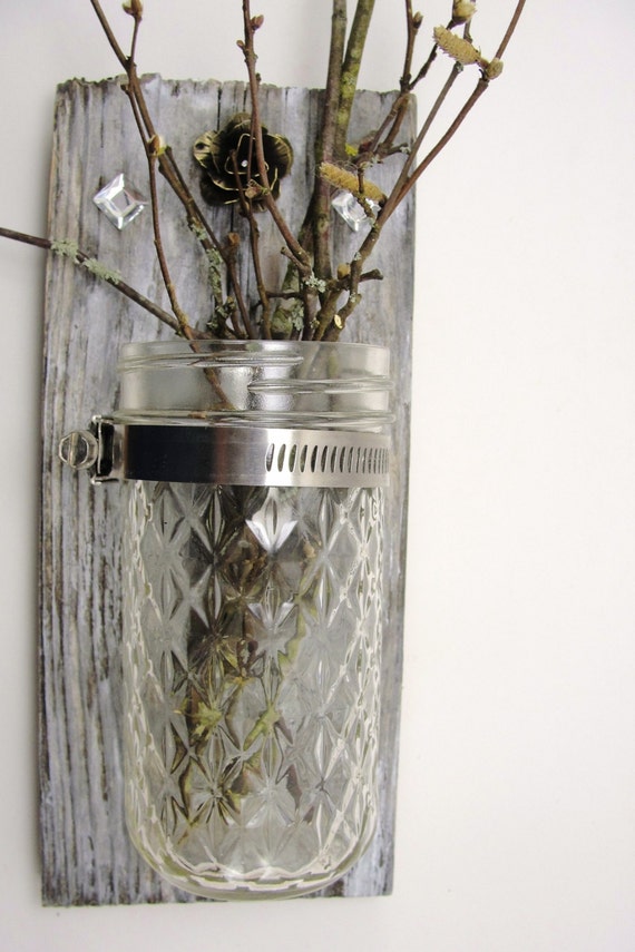 upcycled wood wall hanging, mason jar candle, vase, metal flower, rustic, shabby chic